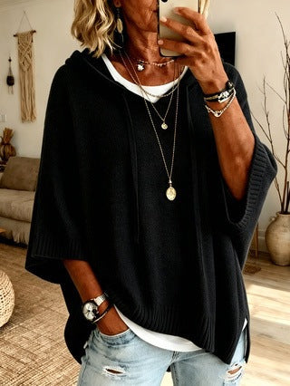 Women's Loose Knit Hooded Sweatshirt with Drawstring Pullover Sweater Casual Outerwear teemdrop