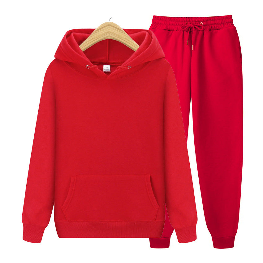Men's Fleece-Lined Hooded Sweatshirt and Sweatpants Two-Piece Sportswear Set Solid Color Casual Tracksuit teemdrop