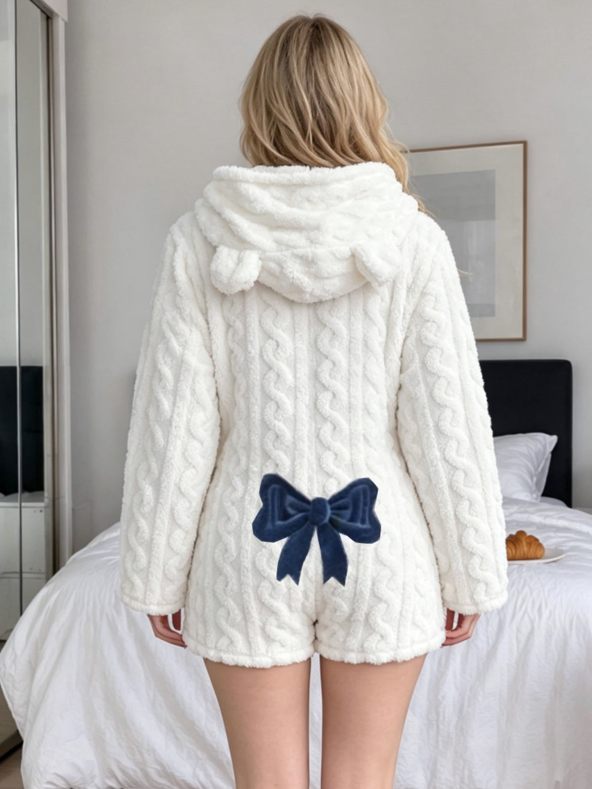 Women's Cute Plush Bear Ear Hooded Zipper Jumpsuit Warm Flannel Pajama Set for Home Lounging teemdrop