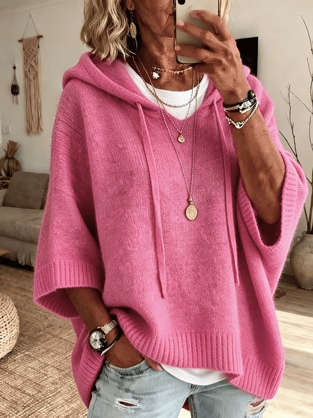 Women's Loose Knit Hooded Sweatshirt with Drawstring Pullover Sweater Casual Outerwear teemdrop