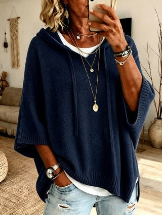 Women's Loose Knit Hooded Sweatshirt with Drawstring Pullover Sweater Casual Outerwear teemdrop