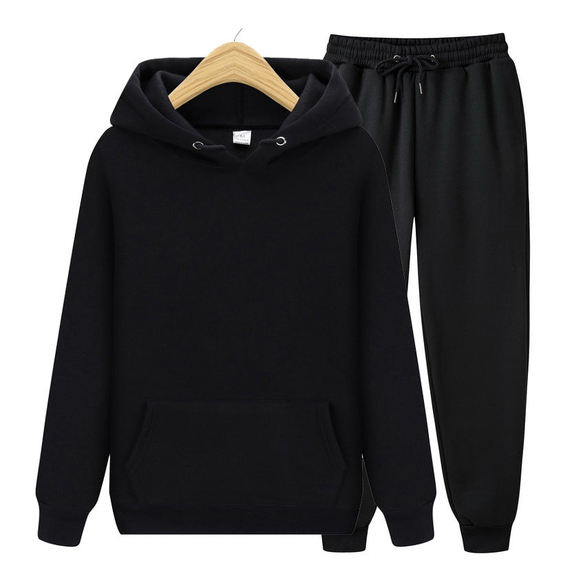 Men's Fleece-Lined Hooded Sweatshirt and Sweatpants Two-Piece Sportswear Set Solid Color Casual Tracksuit teemdrop